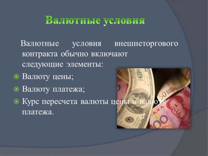 Презентация: Валютно-финансовые условия внешнеторговых контрактов. Валютные риски.